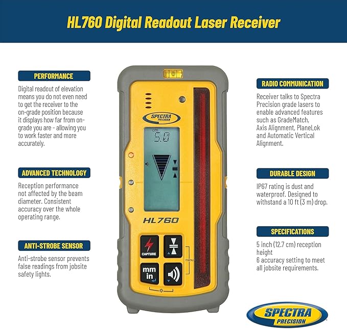 Spectra Laser Level HL760 Digital Read-Out Laser Receiver Grade Match and PlaneLok